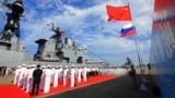 China's navy holds a welcome ceremony as a Russian naval ship arrives in Zhanjiang, southern China, in 2016. 