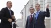 Russian President Dmitry Medvedev (right) greets his counterparts Serzh Serzh Sarkisian (center) and Ilham Aliyev during their meeting in Kazan on June 24.