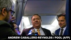 U.S. Secretary of State Mike Pompeo speaks with the press on as he flies to the Middle East on January 7, 2019. - Pompeo will tour Middle East capitals next week in an effort to shore up crucial alliances.