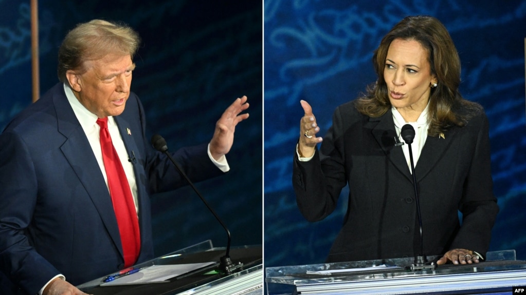 A composite photo of Donald Trump (left) and Kamala Harris during their presidential debate on September 10, during which both candidates blamed the other for the chaotic U.S. withdrawal from Afghanistan in 2021. 