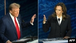 A composite photo of Donald Trump (left) and Kamala Harris during their presidential debate on September 10, during which both candidates blamed the other for the chaotic U.S. withdrawal from Afghanistan in 2021. 