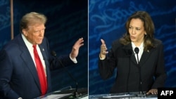 (COMBO) This combination of pictures created on September 10, 2024 shows former US President and Republican presidential candidate Donald Trump (L) and US Vice President and Democratic presidential candidate Kamala Harris participating in a presidential