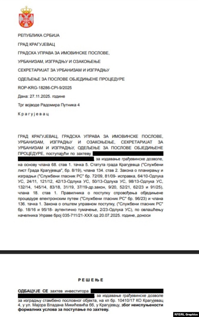 Vendimi për refuzimin e kërkesës së kompanisë “RP Invest” për leje ndërtimi, 27 nëntor 2025 (Burimi: CEOP)