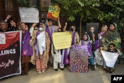 Human rights activists in Balochistan protest on July 26 against the couple's killing.