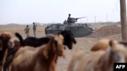 Turkish soldiers stand guard near the Turkish-Syria border in Akcakale in southern Sanliurfa Province on October 5.