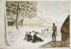 Мужчина (справа) несет блюдо из кокоса и плодов хлебного дерева на завтрак трем русским командирам и старейшинам поселения на Таити, 1821 год.