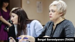 Yevgenia Magurina (right) attends a court hearing in Moscow in April.