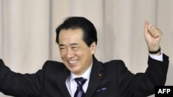 Naoto Kan moments after his election to head the ruling Democratic Party of Japan (DPJ) on June 4