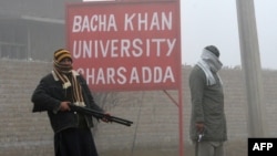 Pakistani security personnel stand near Bacha Khan University in Charsadda.