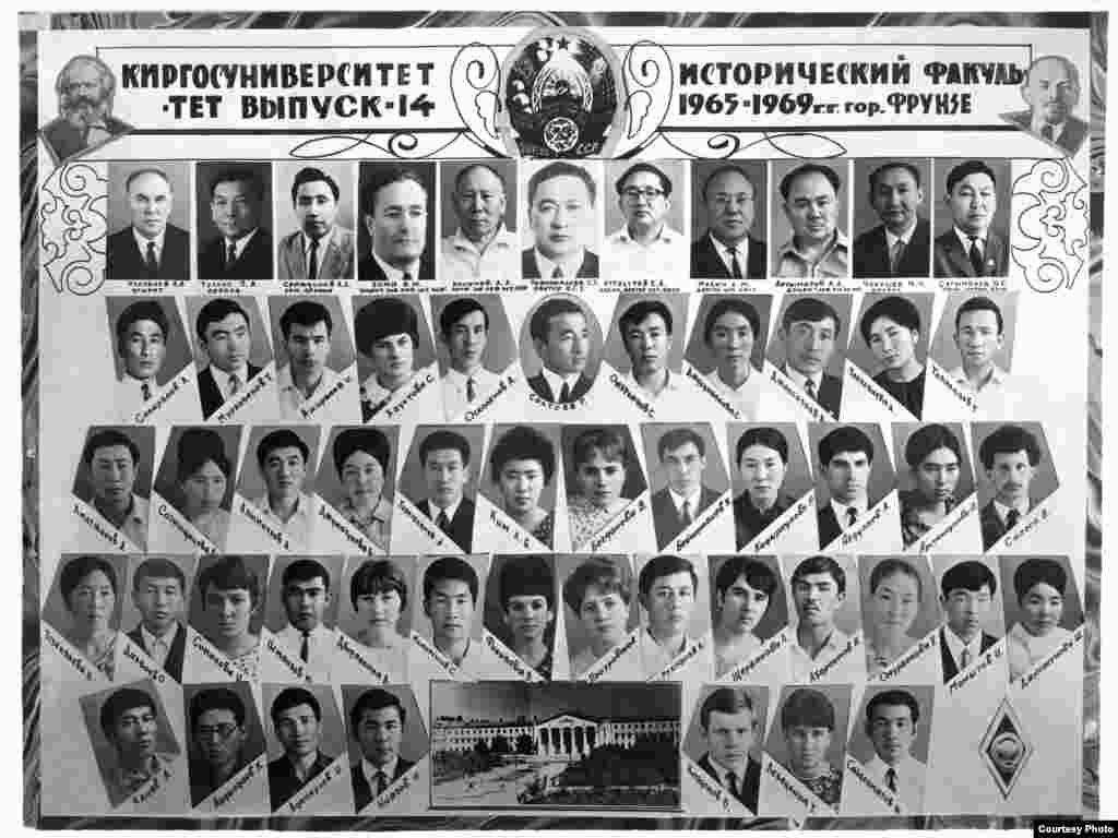 1969-жылдагы КМУнун тарых факультетинин бүтүрүүчүлөрү жана окутуучулар.