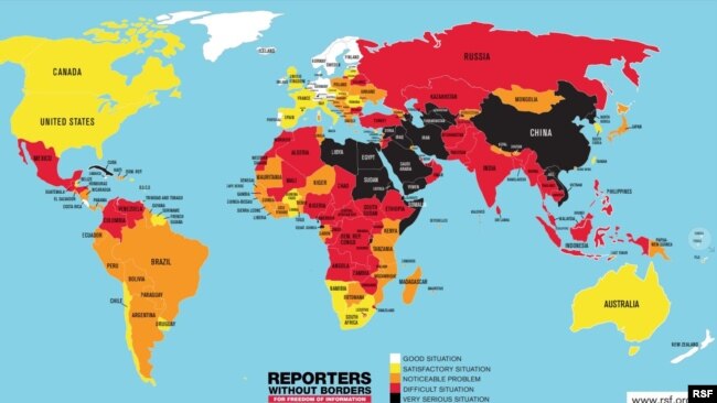 Nikada nije bilo toliko mnogo zemalja koje su crne boje na karti slobode tiska, navode Reporteri