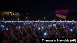 ARMENIA -- Supporters of the opposition lawmaker Nikol Pashinian hold a rally in the Republic square in Yerevan on Tuesday, May 1, 2018