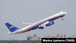 A Tupolev Tu-214ON monitoring aircraft developed under the Open Skies monitoring program takes off at Ramenskoye airport during an air show outside Moscow.