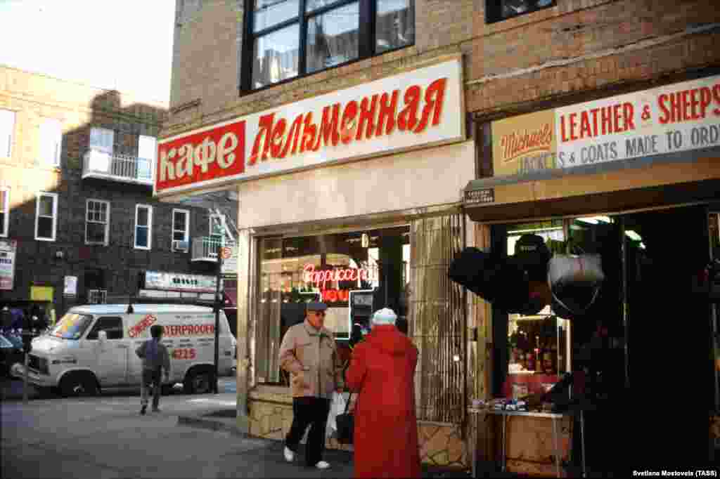 Pelmennaya (dumpling) cafe in Brighton Beach in New York. Beginning in the 1970s, Brighton Beach became so popular with Jewish emigres from Ukraine and Russia that it gained the nickname "little Odessa."