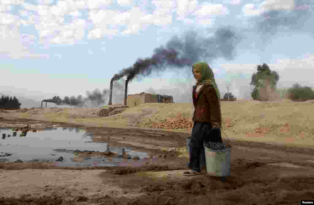 Aisha 11, carries coal to be used for cooking and heating from a brick-making factory in Jalalabad, Afghanistan. (Reuters/Parwiz)