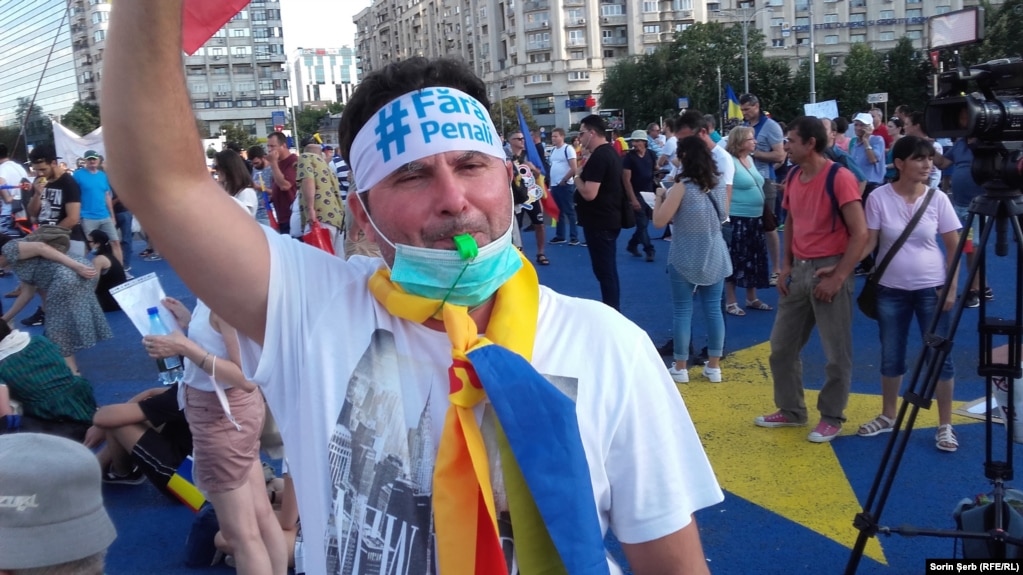 A protester in Bucharest on August 11.