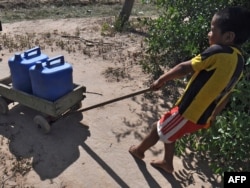 Парагвайский мальчик тащит тачку с канистрами с водой. Чако, 19 ноября 2009 года.