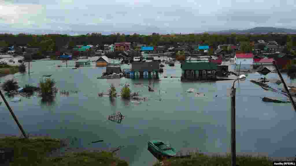 An aerial view of part of the flooded city.