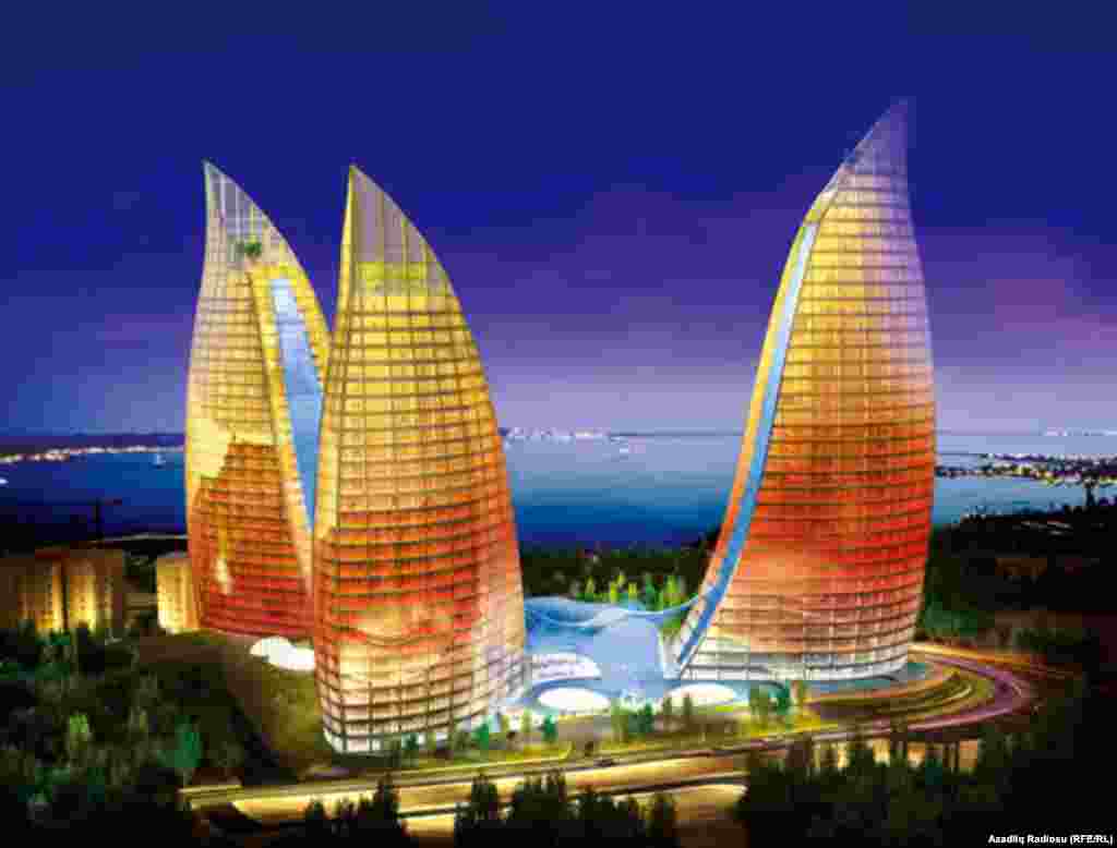 Baku&#39;s Flame Towers -- which will offer views of the Caspian Sea -- are due to be completed in April 2012. 