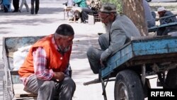 Tajikistan - Two old Tajik men, time of rest on their bullock-carts, Dushanbe, 01May2008 