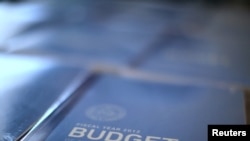 Copies of U.S. President Barack Obama's 2012 budget are unveiled on Capitol Hill in Washington.
