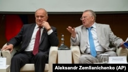 The Communist Party led by Gennady Zyuganov (left) and the Liberal Democratic Party led by Vladimir Zhirinovsky (right) are not seen as real challengers to the Kremlin's system.