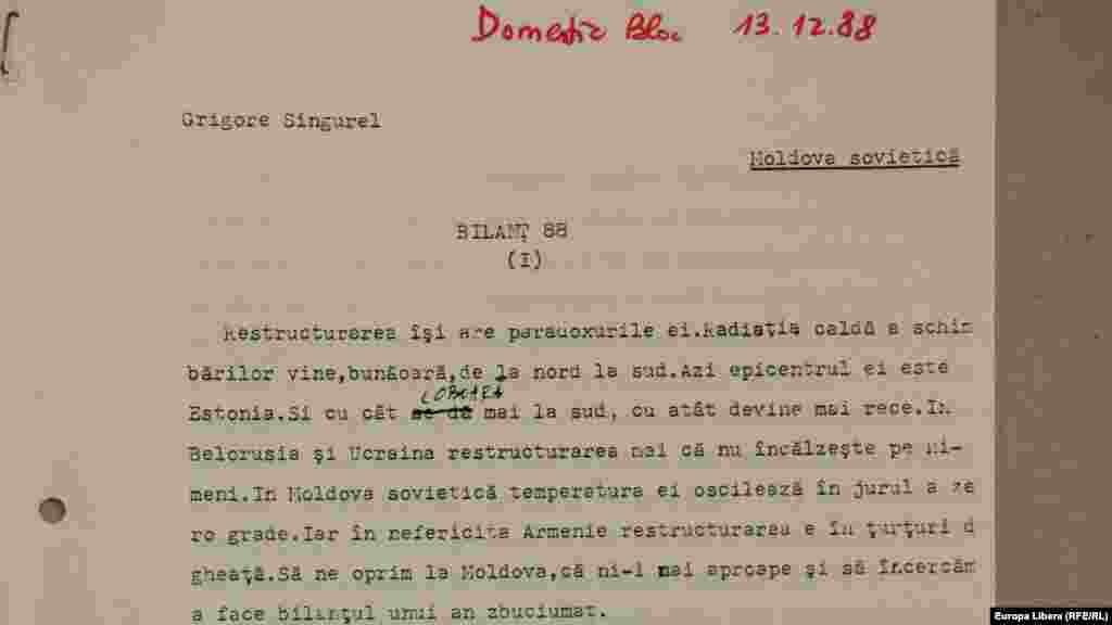 Pagină a unui text de emisiune, păstrată la Hoover Institution Archives on Moldova (Foto: Sergiu Musteață)