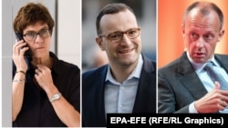 Namizədlər Annegret Kramp-Karrenbauer, Jens Spahn (ortada) və Friedrich Merz