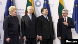 Lithuania -- President Dalia Grybauskaite (L-R), European Council President Herman van Rompuy and European Commission President Jose Manuel Barroso welcomes Armenian President Serzh Sarkisian during EU Eastern Partnership summit in Vilnius, November 29, 2