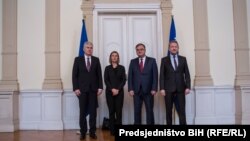 Federica Mogherini sa članovima Predsjedništva BiH Draganom Čovićem, Mladenom Ivanićem i Bakirom Izetbegovićem, Sarajevo