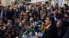 Mahmoud Ahmadinejad addressing his supporters at a sit in in Share Rey, near Tehran.