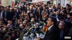 Mahmoud Ahmadinejad addressing his supporters at a sit in in Share Rey, near Tehran.