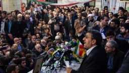 Mahmoud Ahmadinejad, former Iranian president speaking to protesting supporters near Tehran in 2017.