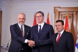 Albanian Prime Minister Edi Rama (left), Serbian President Aleksandar Vucic (center), and Zoran Zaev, the prime minister of North Macedonia, in Novi Sad on October 10.