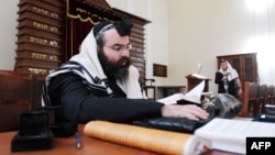 A man swathed in a tallit, or Jewish prayer shawl, reads a religious book at a synagogue in Baku. (file photo)