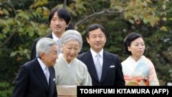 آکیهیتو و میچیکو -امپراتور بازنشسته و همسرش- همراه ناروهیتو (در کنار مادرش) و شاهدخت آکیکو و شاهزاده آکیشینو در جشن پاییزه؛ اکتبر ۲۰۱۲