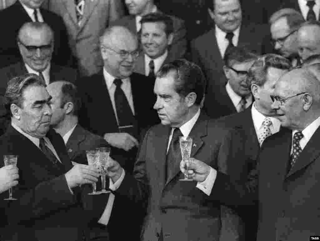 Russia - Soviet leader Leonid Brezhnev, U.S President Richard Nixon and the president of the presidium of the USSR Supreme Soviet Nikolai Podgorny after the signing of Soviet-U.D. agreements, Moscow 28Jun1974 - rob2007