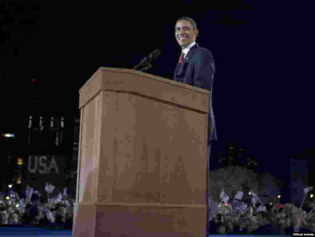 President-elect Barack Obama addresses supporters after his victory in Grant Park, Chicago, Illinois. - obama10