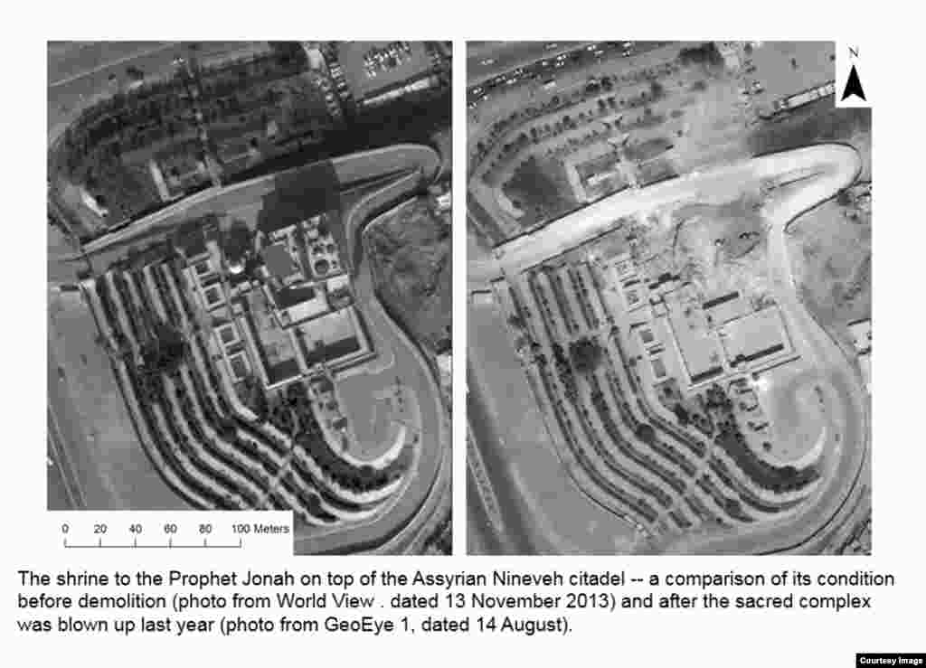 На снимках со спутника видна мечеть пророка Ионы в Мосуле до и после ее разрушения. Снимок слева датируется ноябрем 2013 года. Справа - августом 2014 года &nbsp;