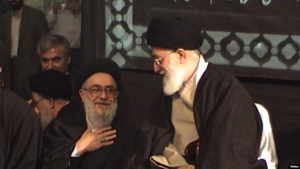Ayatollah Seyyed Mohammad Mousavi-Khoiniha with Supreme Leader Ali Khamenei. Undated photo. 