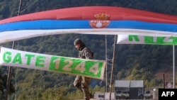 A French KFOR soldier patrols at the Serbia-Kosovo border crossing of Brnjak