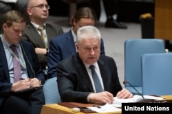 The Ukrainian ambassador to the UN, Volodymyr Yelchenko, addresses the Security Council on February 12.