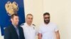 Armenia - Mnatsakan Bichakhchian C), the head of an Armenian police department on visas and passports, poses for a photo with U.S. celebrity Dan Bilzerian (R) and his brother Adam in Yerevan, 27 August 2018.