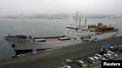 The North Korean ferry, the Mangyongbong, docks in Vladivostok.