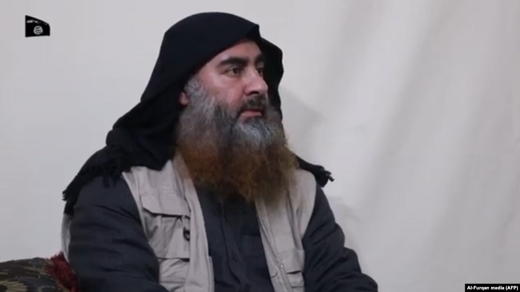 In this undated TV grab taken from a video released by Al-Furqan media, the chief of the Islamic State group Abu Bakr al-Baghdadi purportedly appears for the first time in five years in a propaganda video in an undisclosed location. April 2019