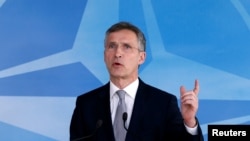 NATO Secretary-General Jens Stoltenberg speaks after a NATO-Russia Council meeting at the alliance's headquarters in Brussels on April 20.