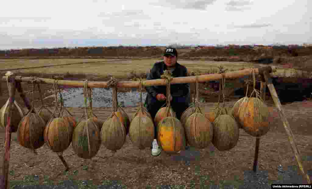 Молодой человек продает зимние сорта дыни у дороги из Шавата в Ургенч. &nbsp;