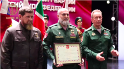 Рамзан Кадиров, очільник управління Росгвардії у Чечні Шаріп Делімханов та головнокомандувач Росгвардії РФ Віктор Золотов. Скріншот відеозапису з телеграм-каналу глави Чечні