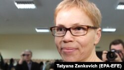 Maryna Zolatava in a Minsk courtroom prior on February 12.