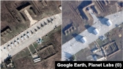 A section of the Hvardiyske airfield showing militry jets in December 2021 (left), and structures linked to drone launches on October 11, 2026 (right). 